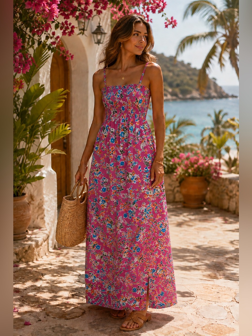 Azúcar 100% Cotton Smocked Floral Maxi Dress Mauve Pink Resort Vacation Large